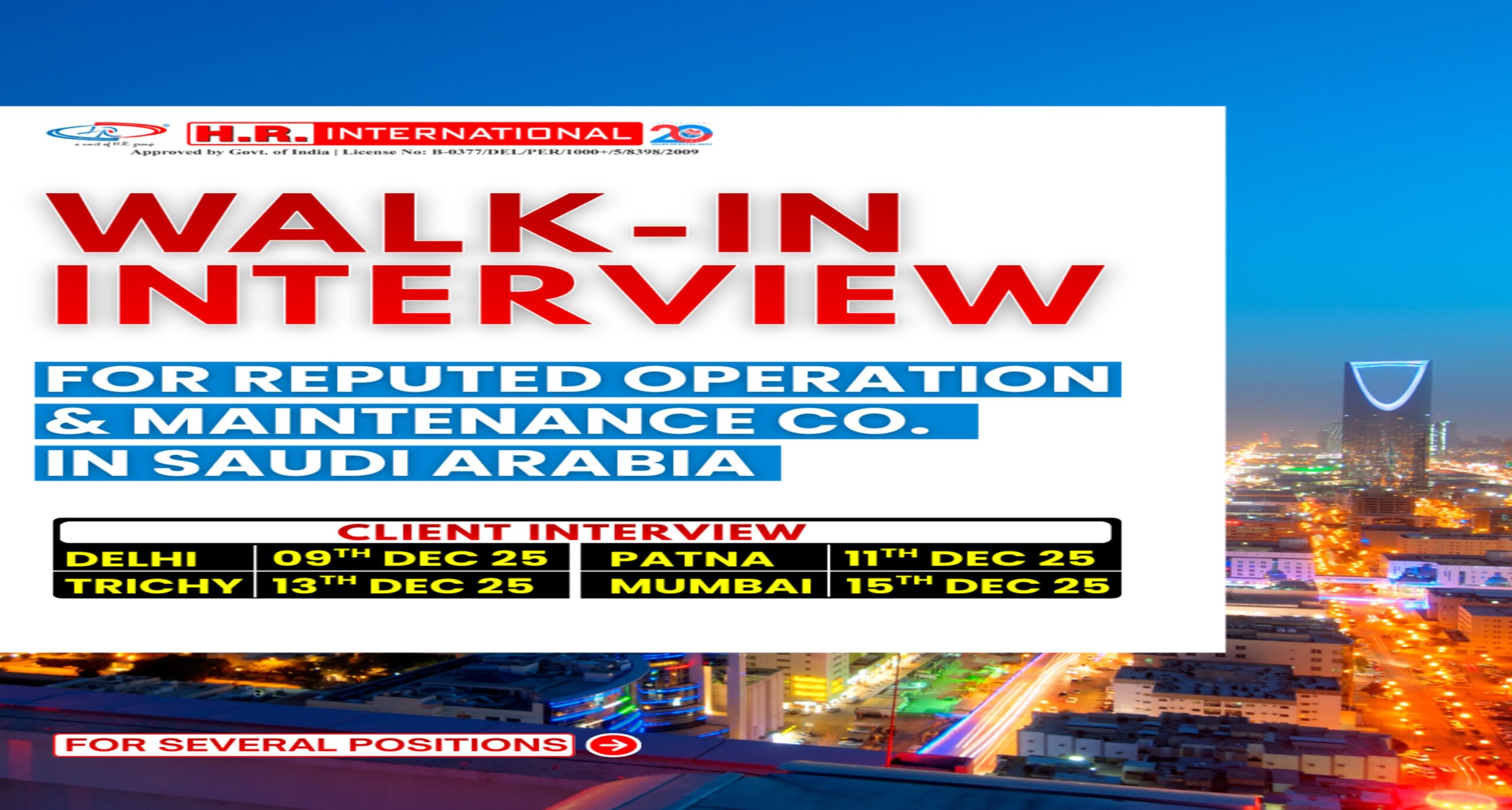 WALK-IN INTERVIEW FOR REPUTED OPERATION & MAINTENANCE COMPANY IN SAUDI ARABIA