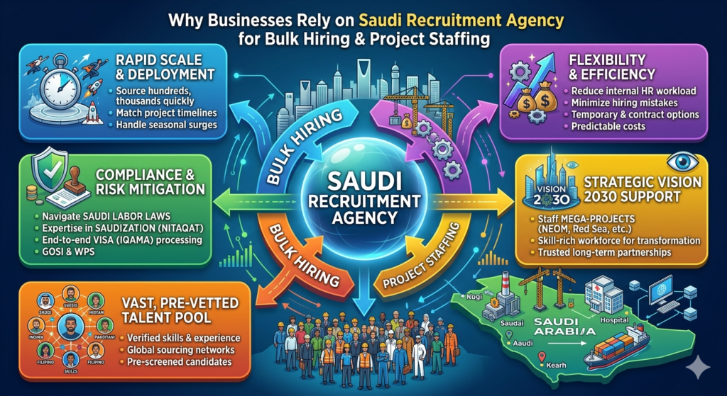 Why Businesses Rely on Saudi Recruitment Agency for Bulk Hiring & Project Staffing